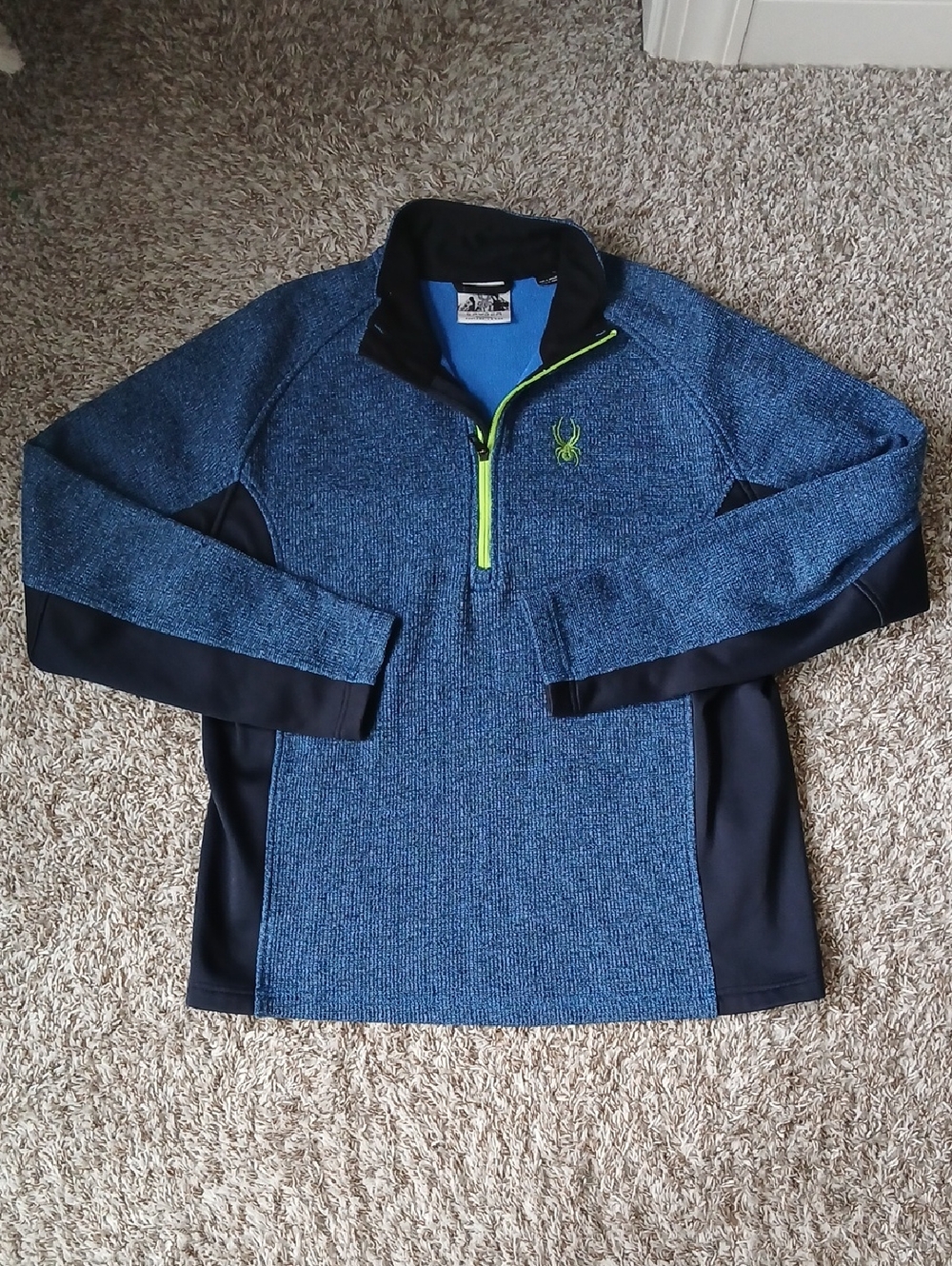 Spyder Men's Blue Heather Half-Zip with Neon GREEN SIZE LARGE